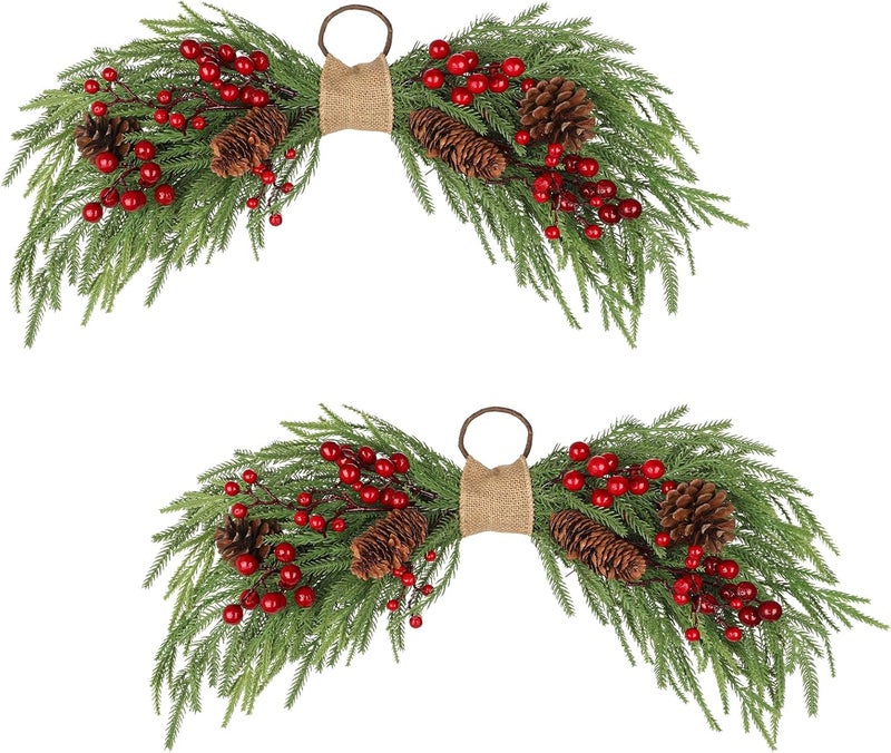 Arborus 2PCS Artificial Christmas Swags with Norfolk Pine, Red Berries and Pinecones, 24" Christmas Thanksgiving Decorations for Front Door, Mantel, Staircase, Window, Xmas Décor - Image 1